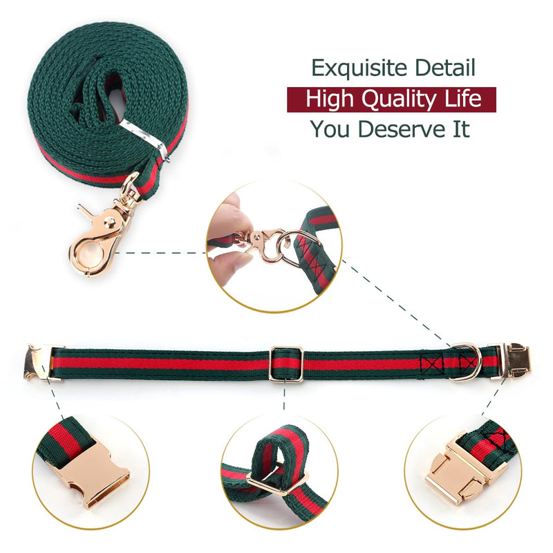 Stylish and Elegant Dog Collar,Adjustable Metal Belt Buckle, Durable High Density Fabric for Comfortable Pet Dog Collar and Dog Leash Set Packing for Medium Dogs M (Neck Girth:11.8"-17.7", Width:3/4") Green Red, Metal-2 - PawsPlanet Australia