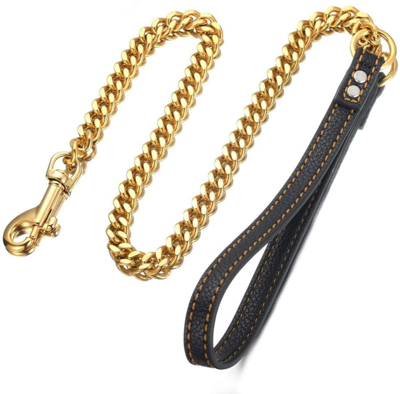 Strong Gold/Silver Dog Chain Leash 3FT 4FT 5FT Stainless Steel 12mm Curb Cuban Link Dog Leash Training Walking with Comfortable Genuine Leather Handle for Large, Medium Small Dogs (Gold, 3FT) 3FT (36inch) - PawsPlanet Australia