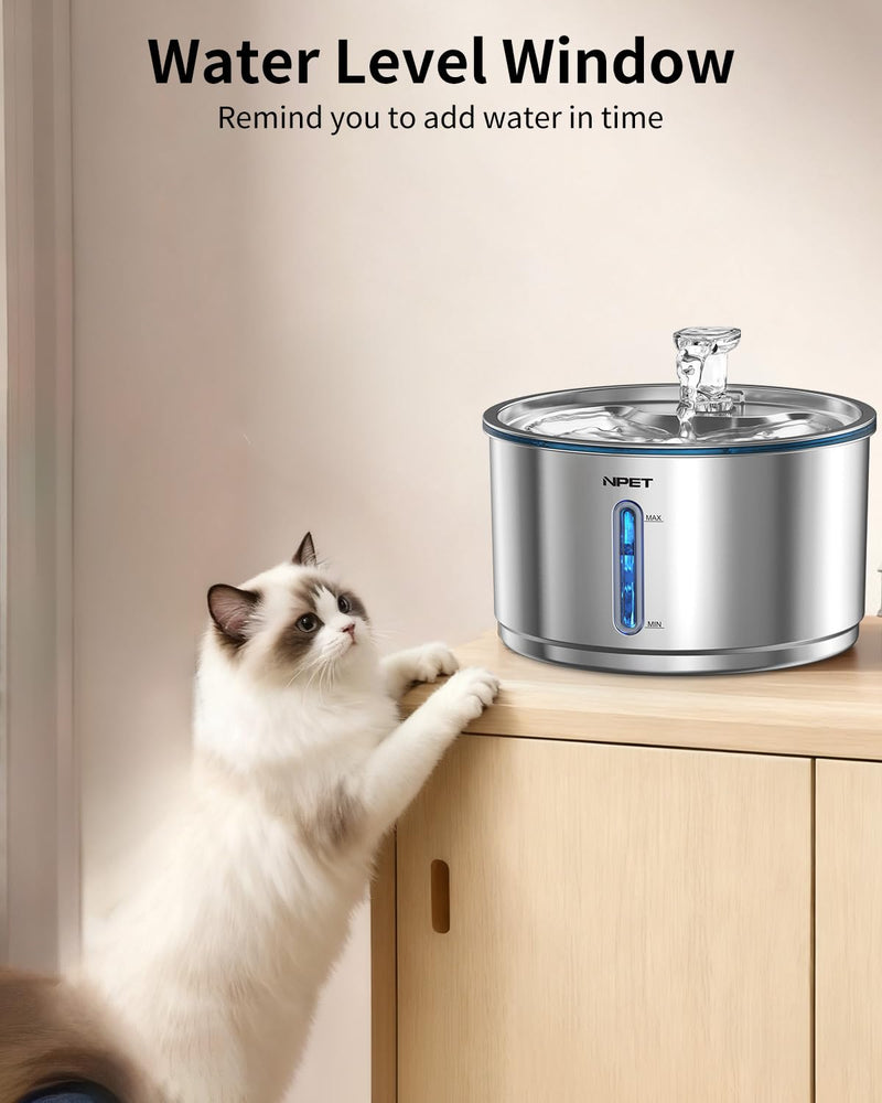 NPET Stainless Steel Cat Water Fountain, 1Gallon/135oz Automatic Pet Drinking Fountain Dog Water Dispenser Bowl with Water Level Window for Cats Indoor - WF210Plus With 1 Filter+1 Sponge 1 Gal Fountain - PawsPlanet Australia