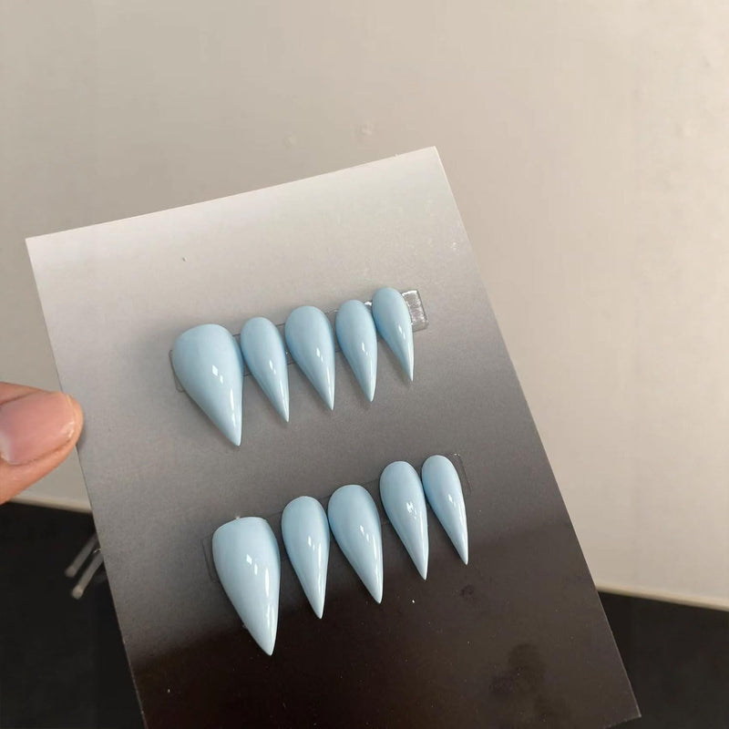 Press on Nails Medium Blue Stiletto Eagle Claw Reusable ABS Material Curved Handmade Fake Nails Dragon Claw Solid Colour Design Luxury Cat Claw Nude Glossy Thick Acrylic Glue on Nail(M) Handmade Almond 38