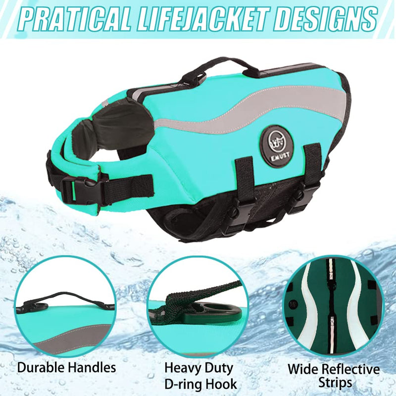 EMUST Life Jacket for Large Dogs, Dog Life Vest for Small/Medium/Large Dogs with Double Rescue Handles, High Reflective Dog Life Preserver for Swimming, Turquoise,L L - PawsPlanet Australia
