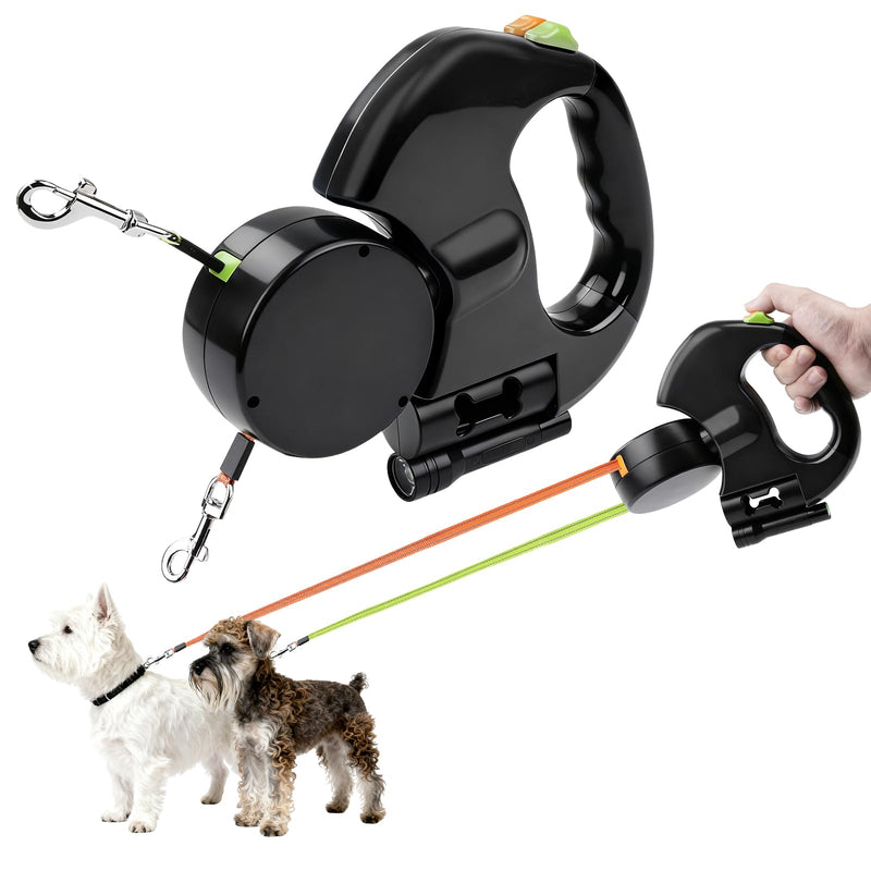 Retractable Double Dog Leash, Automatic Leash 1 Tow 2 with Flashlight and Bag Dispenser