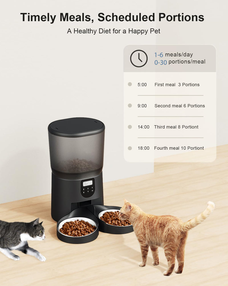 Automatic pet Feeders for 2Cats, 6L/25cup Automatic Cat Food Dispenser with 2 Stainless Pet Bowls,10s Meal Call Timer Setting 20 Portions 6Meals Per Day, Timed Pet Feeder for Cats Dog Indoor Dry Food 6L/25 Cups Black - PawsPlanet Australia