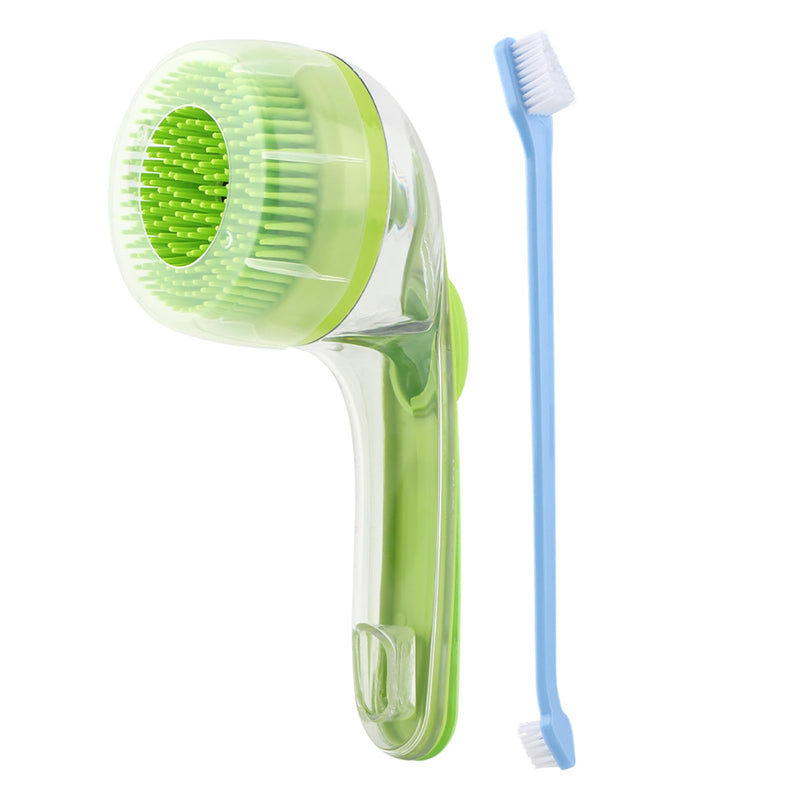 Pet Bath Brush, 2 in 1 Dog Bath Brush with Built-in Shampoo Dispenser, Pet Wash Brush with Double Head Toothbrush, Grooming Massage Brush for Dogs & Cats Green - PawsPlanet Australia