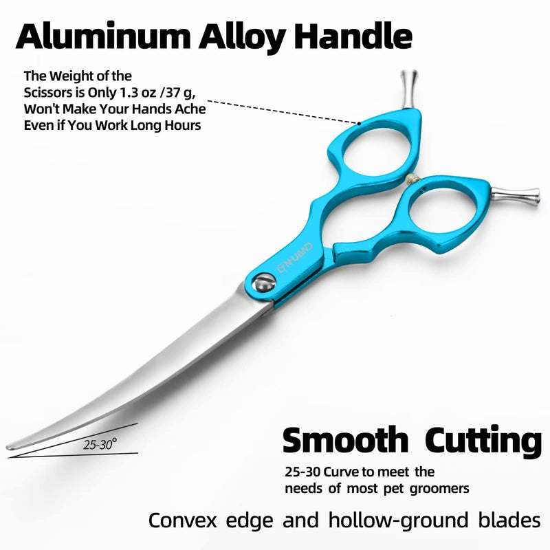 6.5" Curved Grooming Scissors for Dogs 440C Stainless Steel Professional Dog Grooming Scissors with Ultra-Light Aeronautical Aluminum Handle (Blue-Curved) Blue - PawsPlanet Australia
