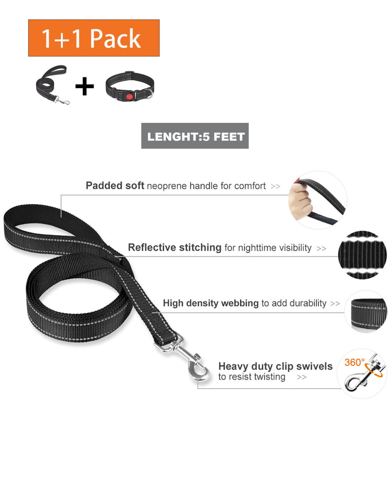 Aeclleca Reflective Dog Collar and Leash Set with Safety Locking Buckle，Adjustable Soft Nylon Pet Collars for Small Medium Dogs (Black, S) Black - PawsPlanet Australia