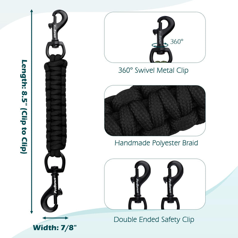 PetBonus Dog Collar Safety Clip, Handmade Backup Safety Strap for Dog Harness, Prong, Pinch Collar, Double Ended Clasp Leash Connector (Black) Black - PawsPlanet Australia