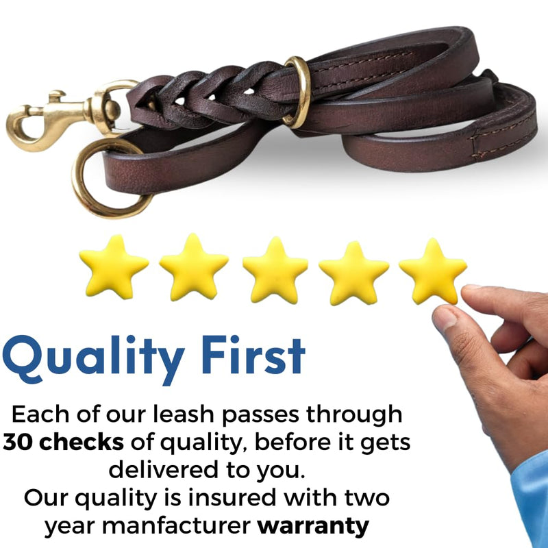 Dog Leash | Heavy Duty Leather Training Leashes, Solid Brass Connector Snaps and Two Rings (Dark Brown, 6 Ft) Dark Brown - PawsPlanet Australia