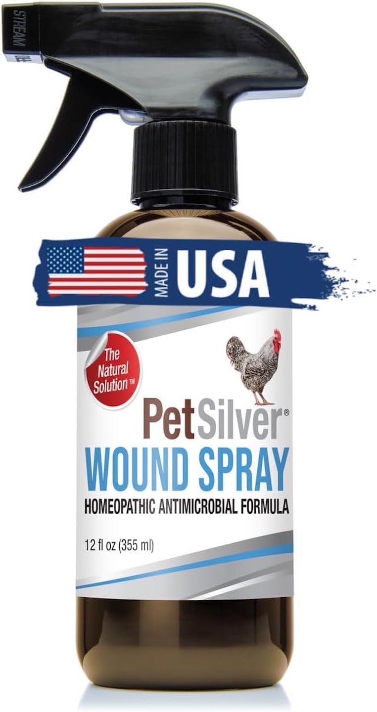 PetSilver Wound Spray Chicken & Bird Formula with Patented Chelated Silver, Healing Aid for Pecking Sores, Bumble Foot, Cuts, Wounds, Burns, and Skin Irritations, Chicken Care, Made in USA, 12 fl. oz.