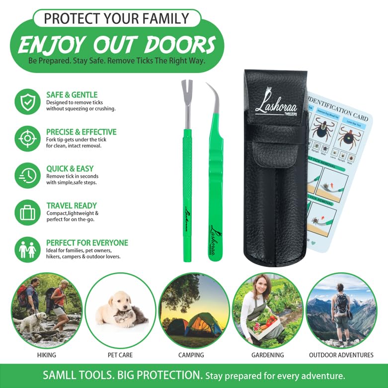 LASHORAA Tick Removal Tool Kit - Stainless Steel Tweezer & Tick Remover for Humans, Dogs, Cats & Other Pets- Dog Tick Remover Tools with Leather Case & Tick Identification Chart- Flea+Tick Removal Kit