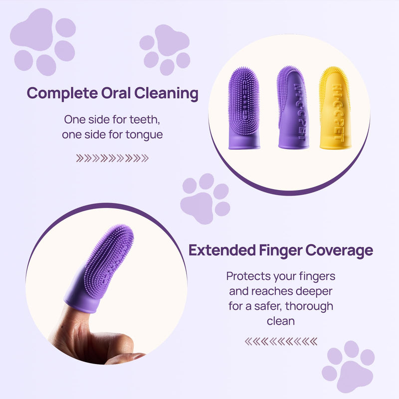 HICC PET Dog Finger Toothbrush Pack, 360° Silicone Pet Toothbrush for Plaque and Tartar Cleaning, Dog & Cats Teeth Cleaning with Protective Case, Safer & Softer Liquid Silicone (Yellow&Purple, 2 Pack) Yellow&purple