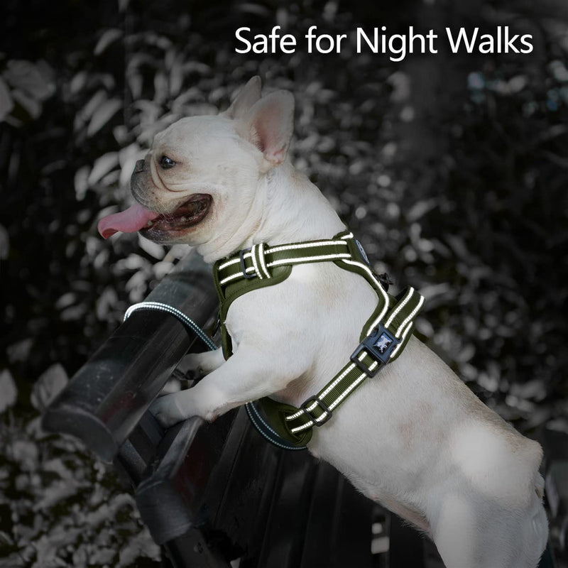PoyPet No Pull Dog Harness, No Choke Reflective Dog Vest, Adjustable Pet Harnesses with Easy Control Padded Handle for Small Medium Large Dogs(Military Green,M) Military Green