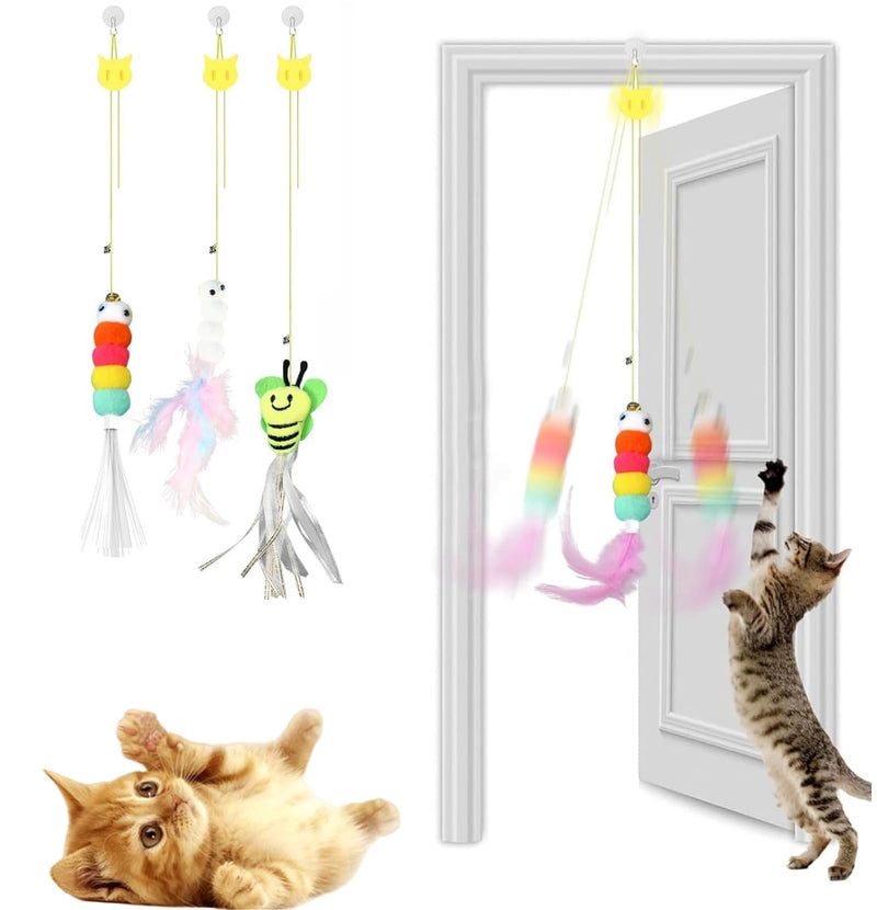 3 Pcs Interactive Toys for Indoor Cats, Best Hanging Cat Toys for Bored Cats, Spring Cat String Toys with Feathers and Bells, Door Hanging Self-Playing Cat Toys - PawsPlanet Australia