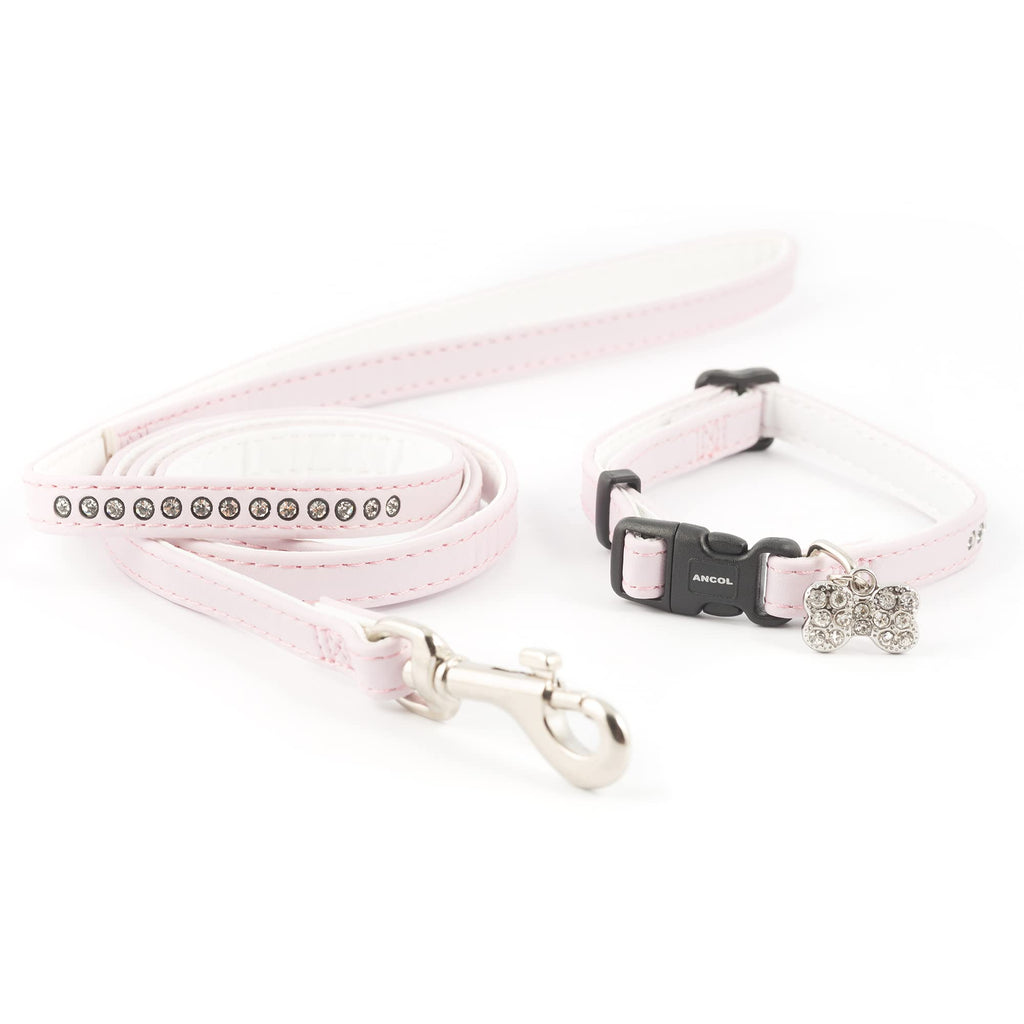 Ancol Small Bite Jewel Collar (Adjusts 20-30 cm) and Lead ( 1m x 10 mm) Set Pink Baby Pink - PawsPlanet Australia