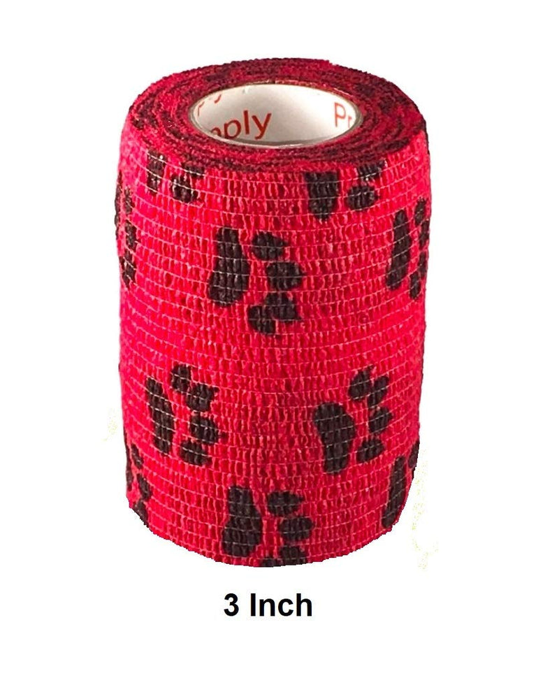 Vet Wrap Wrap Tape (Red with Paw Prints) (2 Pack) (3 Inch x 15 feet) Self Adhesive Adherent Adhering Cohesive Flex Self Stick Bandage Grip Roll Dog Cat Pet Horse 2 Rolls Red With Black Paws - PawsPlanet Australia