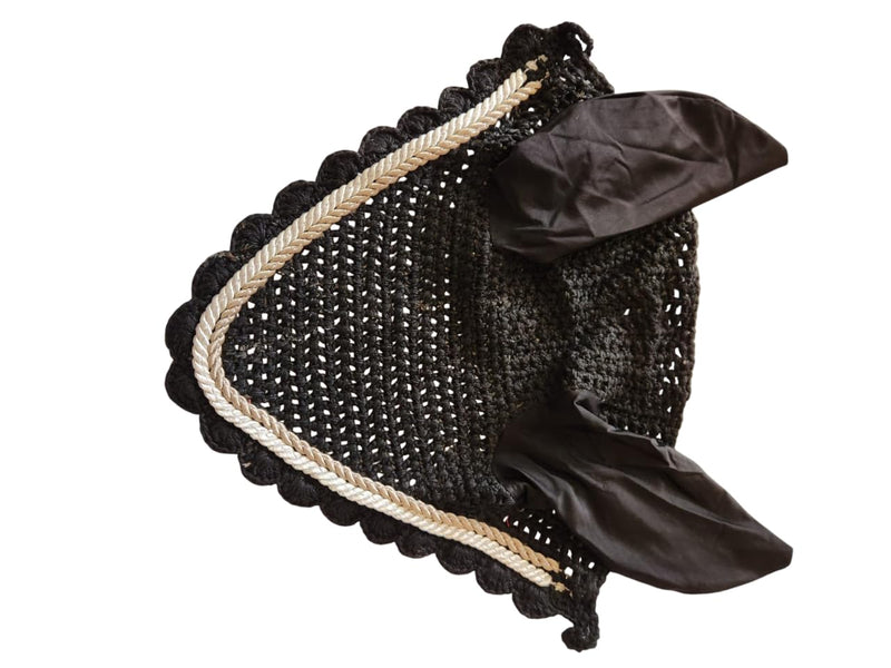 Horse Ear Bonnet Fly Veil Crochet Equestrian with Piping Black Color Full Size