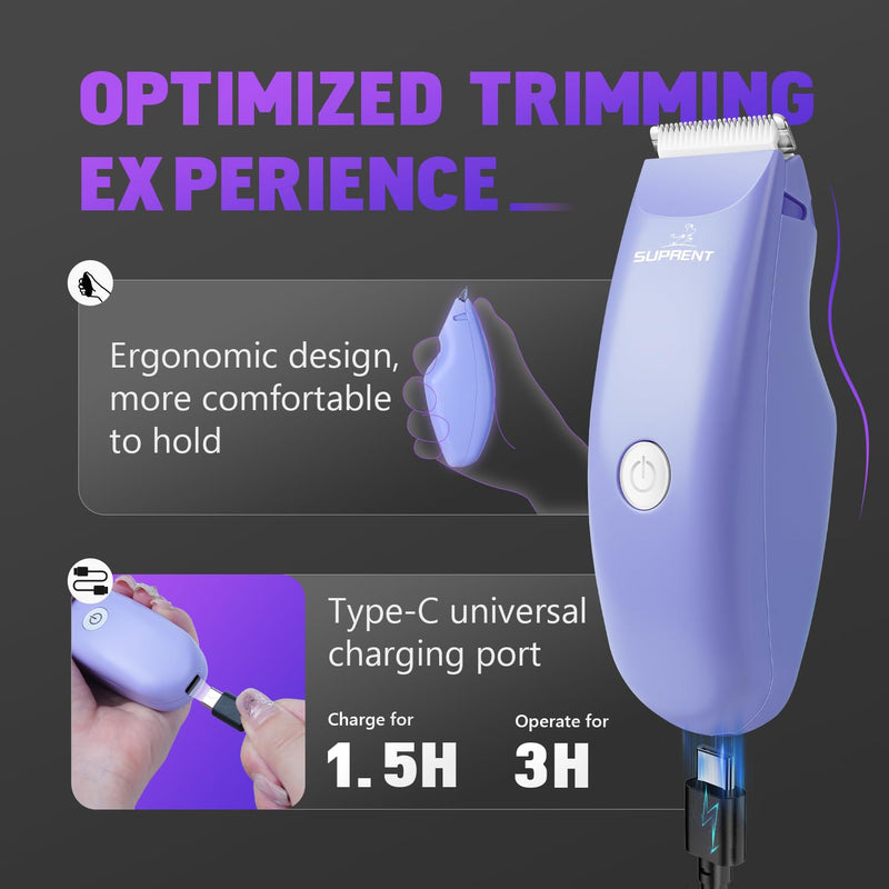 SUPRENT Pet Grooming Clippers for Matted Hair Cat, Low Noise Hair Trimmer Kit for Long Fur, Waterproof Portable USB Rechargeable Professional Pet Grooming Supplies Cordless Shaver for Small Dog Pets Purple - PawsPlanet Australia