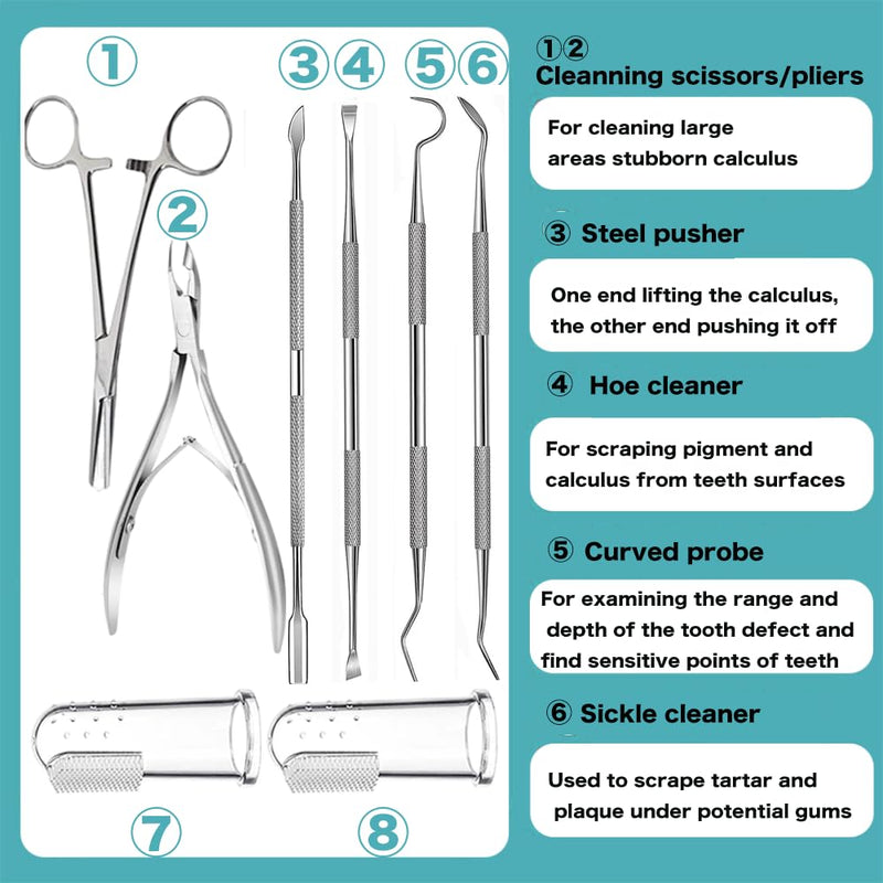 8 Pcs Dog Tartar Remover Pet Teeth Cleaning Tool, Cat Plaque Off Calculus Remover, Dog Tooth Scaler and Scraper, Stainless Steel Dental Forceps for Dogs and Cats Oral Care - PawsPlanet Australia