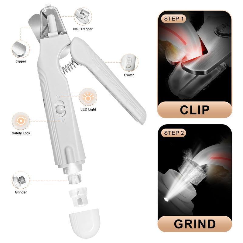 2-in-1 Dog Nail Clippers and Cat Nail Clippers with Light, Quick Sensor and Safety Guard, USB Rechargeable Pet Nail Trimmer with 2 LED Lights for Large Medium Small Dogs and Cats (White) White - PawsPlanet Australia