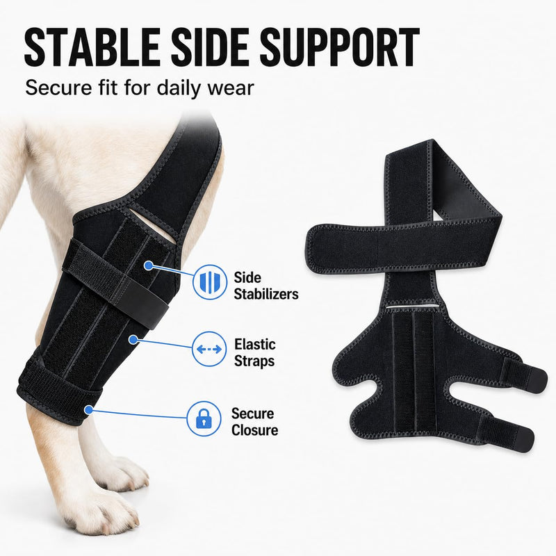 Dog Knee Brace for Hind Leg Support, Adjustable Canine Knee Brace for ACL/CCL Stability Support, Breathable Neoprene Leg Brace with 2 Side Stabilizers (M) M