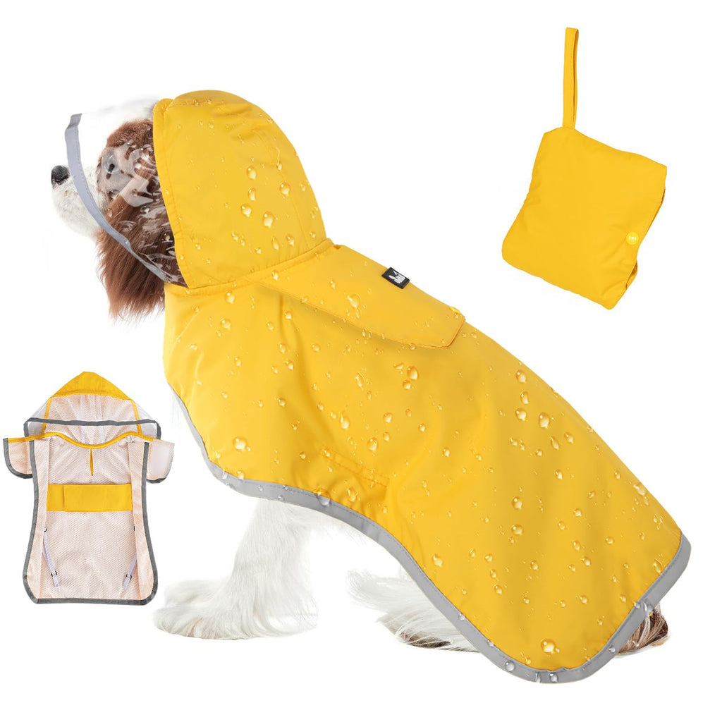 SlowTon Dog Raincoat, Adjustable Dog Rain Jacket Clear Hooded Double Layer, Waterproof Dog Poncho with Reflective Strip Straps and Storage Pocket for Small Medium Large Dogs(M) Yellow