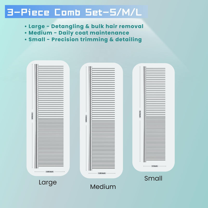 [3 Pack] Stainless Steel Pet Comb Set – Grooming Combs for Dogs & Cats, Large Medium Small Sizes – for Long, Short, Curly Hair, Detangling Matted or Knotted Undercoat Hair - PawsPlanet Australia