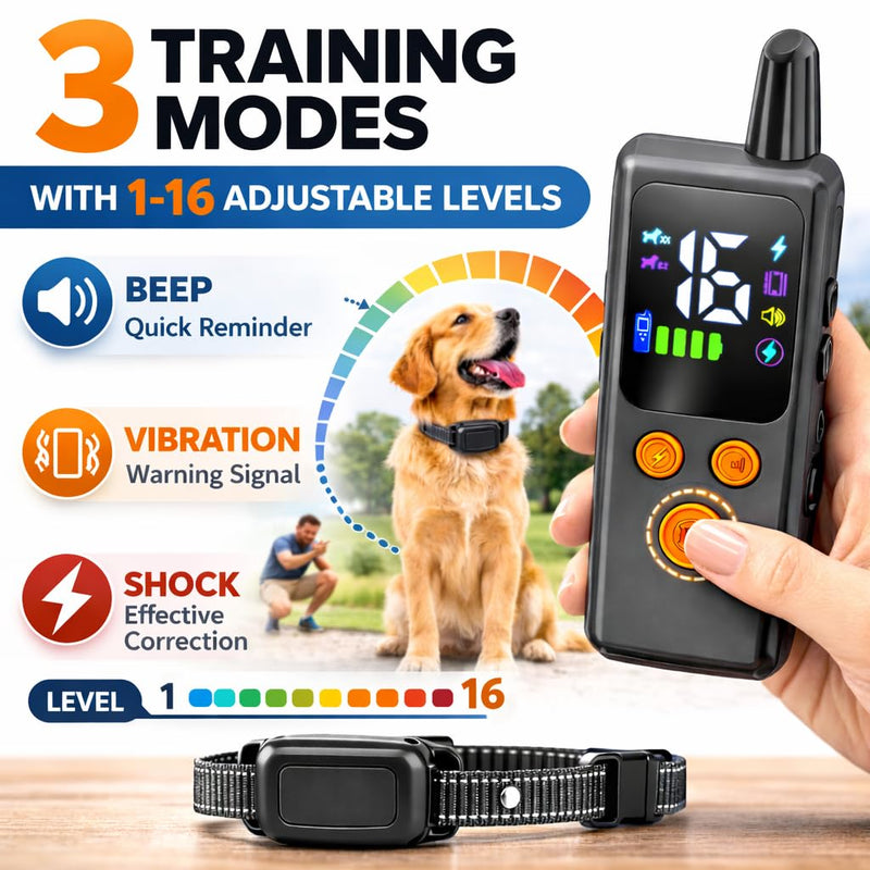 Dog Training Collar with Remote - 5000ft Waterproof Dog Shock Collars 2 Dogs for Large Medium Small Dogs Rechargeable E Collars for Dogs Training with Beep Vibration Humane Shock(1-16) Mode 1 in 2 - PawsPlanet Australia