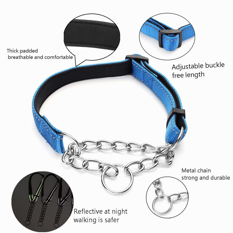 Martingale Dog Collars Adjustable Soft Nylon Reflective Collars with Stainless Steel Chain Walking Training Collars Heavy-Duty Puppy Chain Collars for Small,Medium,Large Dogs (S,Blue) S-(dog's neck10-15inches) Blue - PawsPlanet Australia