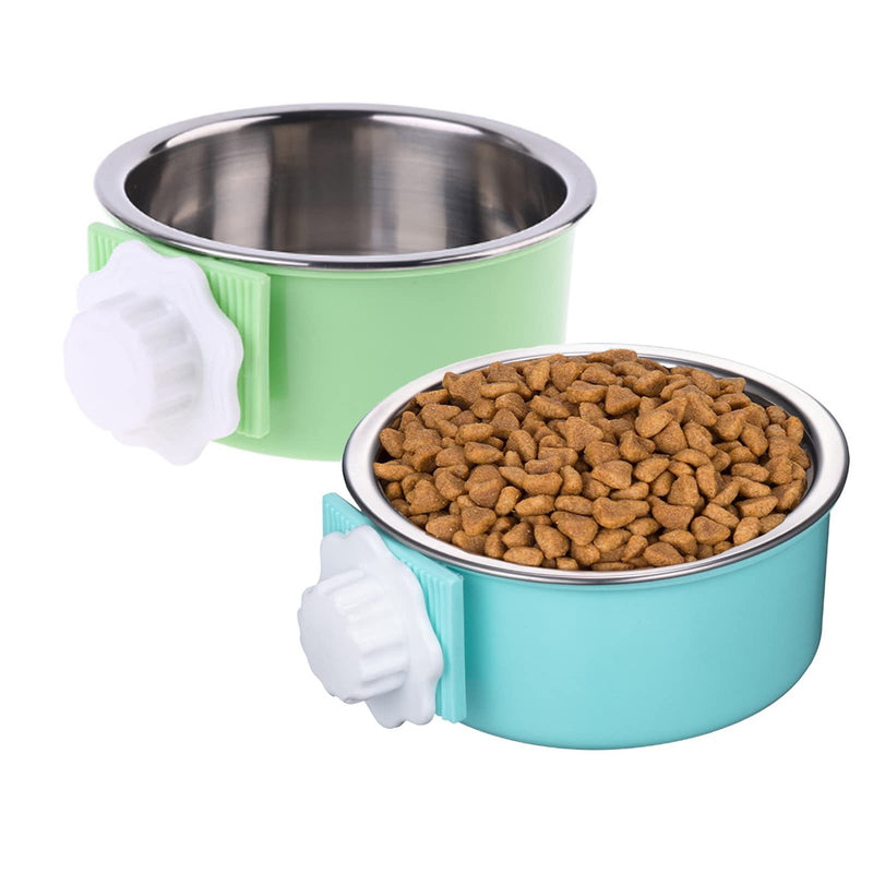 2 Pieces Crate Dog Bowl, Removable Stainless Steel Pet Kennel Hanging Food Water Feeder Bowl Cage Coop Cup for Puppy Medium Dog Cat Rabbit Ferret Bird (Blue,Green) Blue,Green