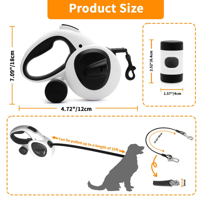 Retractable Dog Leash with USB Rechargeable LED Light, 16 ft Heavy Duty Dog Lead with Poop Bag Holder & Chew Proof Cable, Leash for Small Medium Large Dogs, White - PawsPlanet Australia