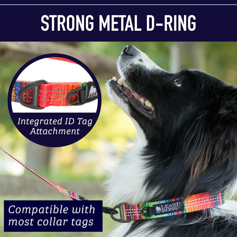 Leash Boss Patterned Reflective Dog Collar, Pattern Collection, Colorful Dog Collar with Triple Reflection Threads for Small, Medium and Large Dogs (Medium 13.5"-19.5" Neck x 1" Wide, Blanket Pattern) Medium (13.5-19.5" Neck x 1" Wide) Orange - PawsPlanet Australia
