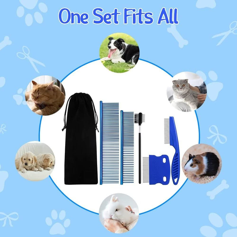 Pet Grooming Comb Kit - Flea Combs for Dog and Cat, 5Pcs Lice Combs and Tear Stain Remover Comb with Stainless Steel Teeth, Professional Pet Grooming Tool with Portable Bag for Removing Knots & Tangle Blue + Balck 5 Piece Set - PawsPlanet Australia