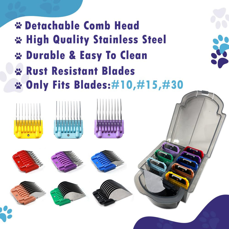 Professional Animal Stainless Steel Attachment 9 Color Guide Comb Set,Compatible with Andis, Oster A5, Wahl KM Series Clipper Detachable Blade Pet, Dog, Cat, and Horse Clippers - PawsPlanet Australia