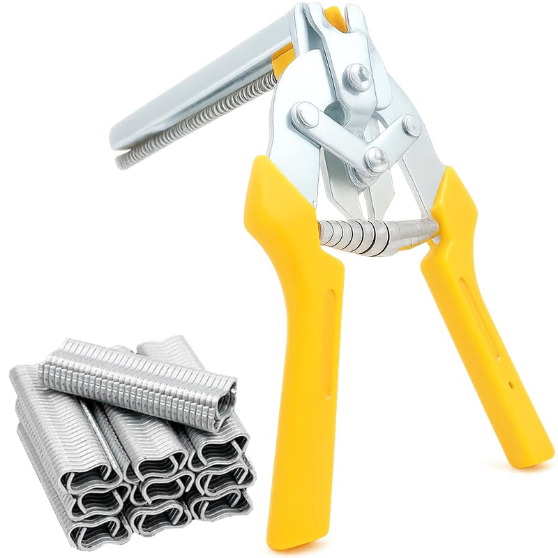 Hog Ring Pliers Kit with 600 Pcs of Galvanized Steel Hog Rings, Hog Ring Chicken Duck Goose Dog Cat Rabbit Kit Clamp with Nail Groove, Repair Hand Tools for Animal Cages, Wire Fencing, Railing-Yellow Yellow