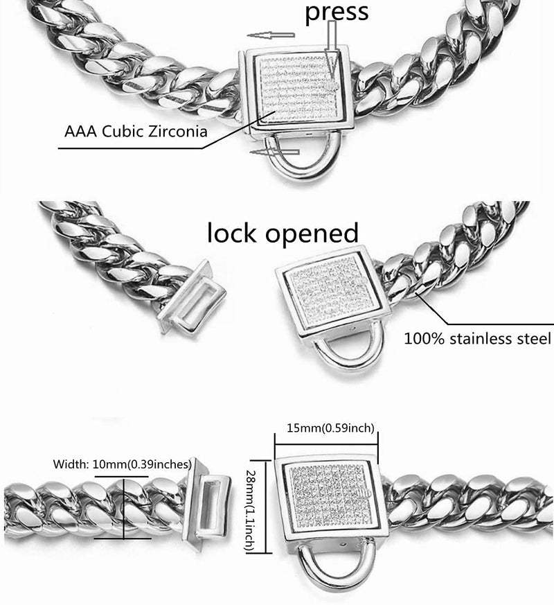 Dog Chain Collar 10mm Wide Cuban Link Puppy Collar 316L Stainless Steel with CZ Diamond Lock Bling Collar for Medium Dogs(10mm Silver,16inch) Silver, width 10mm 16inch