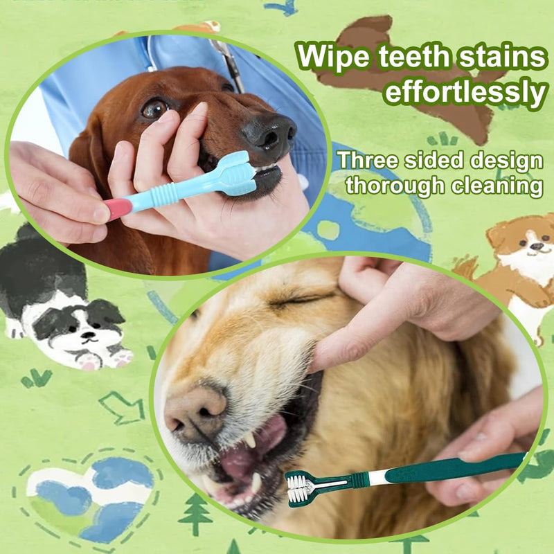 4 Piece Pet Toothbrush Set, Triple Head Dog Toothbrush with 360° Cleaning for Dogs and Cats of All Sizes (Small, Medium, Large Pets)