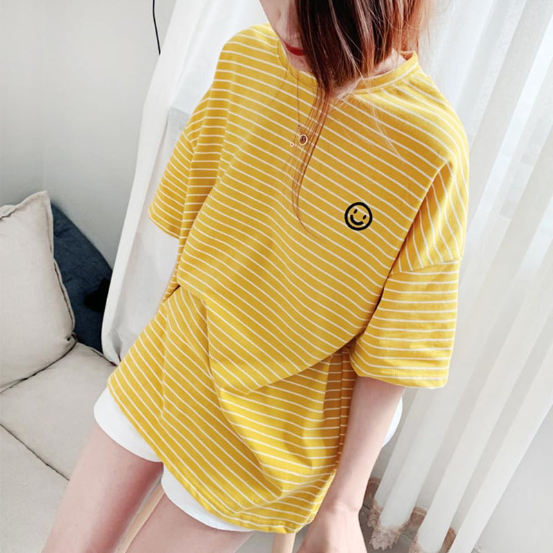 Matching Dog and Owner Clothes,Yellow Striped Women Shirt Short Sleeve,Cotton Women Summer Shirt Crewneck,Casual Women T-Shirt Summer Tops Loose Fit(Owner M) Yellow for Owners Owner M - PawsPlanet Australia