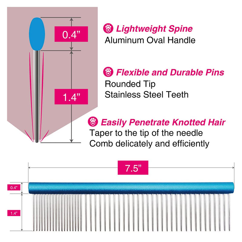 7.5" Greyhound Oval Grooming Comb – Blue Aluminum Spine, Stainless Steel Teeth Comb for Long-Haired Dogs & Cats, Removes Mats, Tangles, and Loose Fur – Lightweight for Long Time Deshedding Silver/Blue 7.5" - PawsPlanet Australia