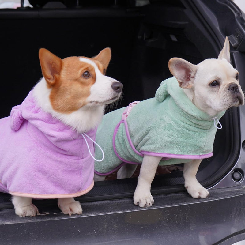 Dog Drying Coat with Hood, Adjustable Soft Wrap Bathrobe with Buckle, Super Absorbent Fast Drying Tower for Small, Medium, Large Dog Cats (Medium, Green)