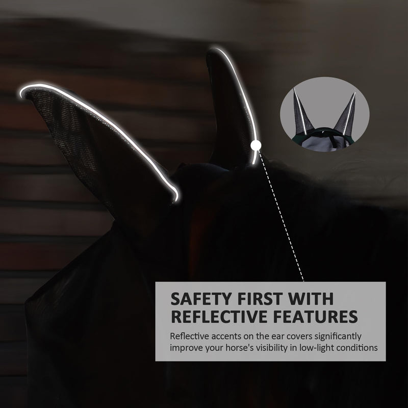 Horse Fly Mask Large Space Breathable UV Protection Equine Mask with Reflective Features on Ears Hunter Green L - PawsPlanet Australia