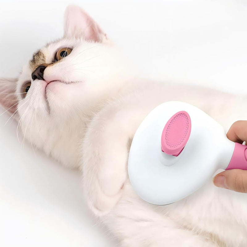 Cat Hair Brush, Cat Brush for Shedding with Metal Comb, Self Cleaning Pet Hair Brush with Release Button - Skin Friendly Deshedding Grooming Brush for Short and Long Haired Cats Pink - PawsPlanet Australia