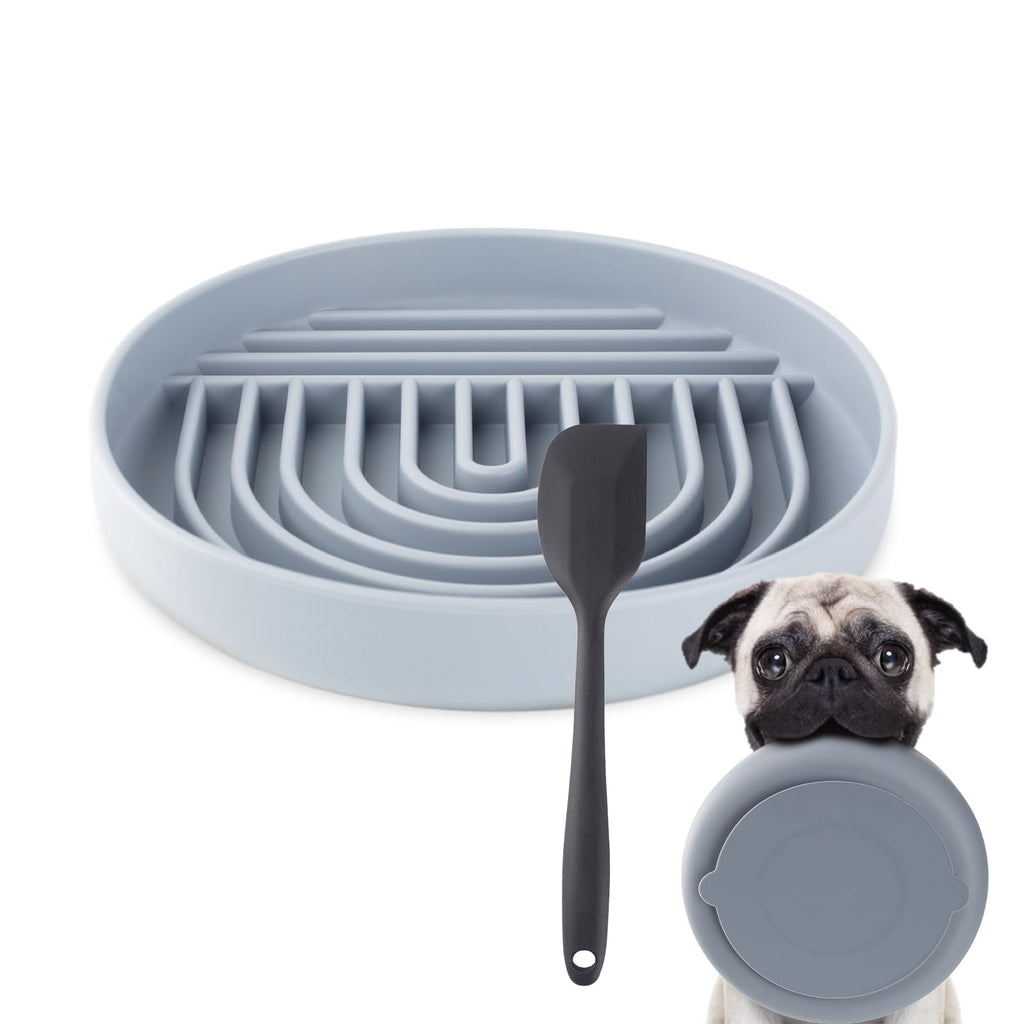 Slow Feeder Bowl with Spatula, Silicone Pet Puzzle Feeding Bowl with Suction Cups, Encourages Slow Eating, Reduce Boredom and Anxiety, Ideal for All Breeds Dogs & Cats - Grey, Large