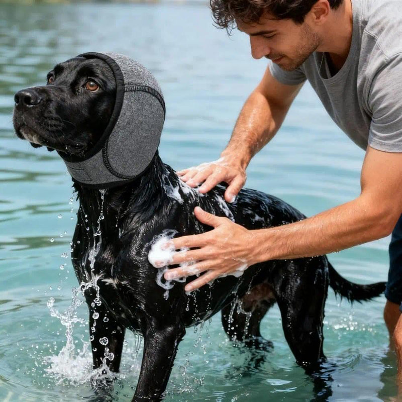 Medium Gray Dog Ear Protectors, Waterproof Swim Ear Covers with Adjustable Fit for Head 28-42cm, Anxiety Relief Muffs for Grooming & Noise