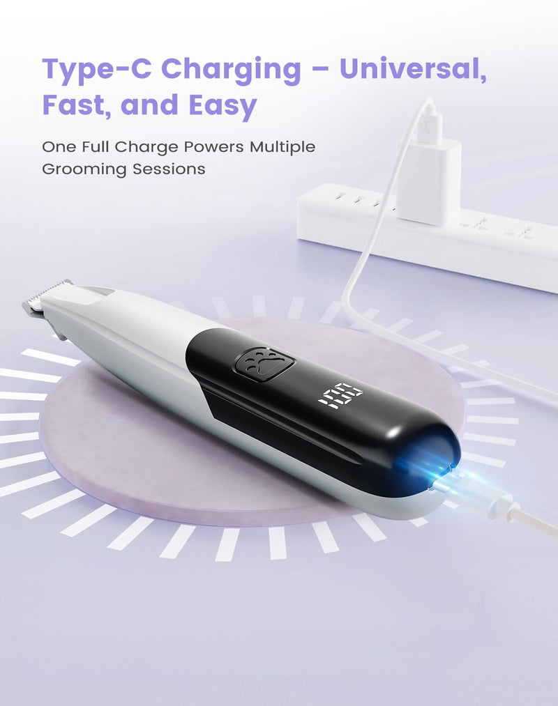 Dog Paw Trimmer with LED Light, 35dB Low Noise Paw Trimmers for Dog's Feet, 2 Speed Safety Electric Dog Clippers for Grooming, Rechargeable Cat Shaver for Paws, Ears, Face, Rump White - PawsPlanet Australia