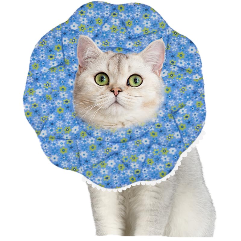 Soft Recovery Cone for Cats, Adjustable Post-Surgery Protective Collar, Comfortable Elizabethan Collar for Cats, Kittens, and Puppies to Prevent Wound Licking, E-Collar (美/首巻/青/S) Blue S