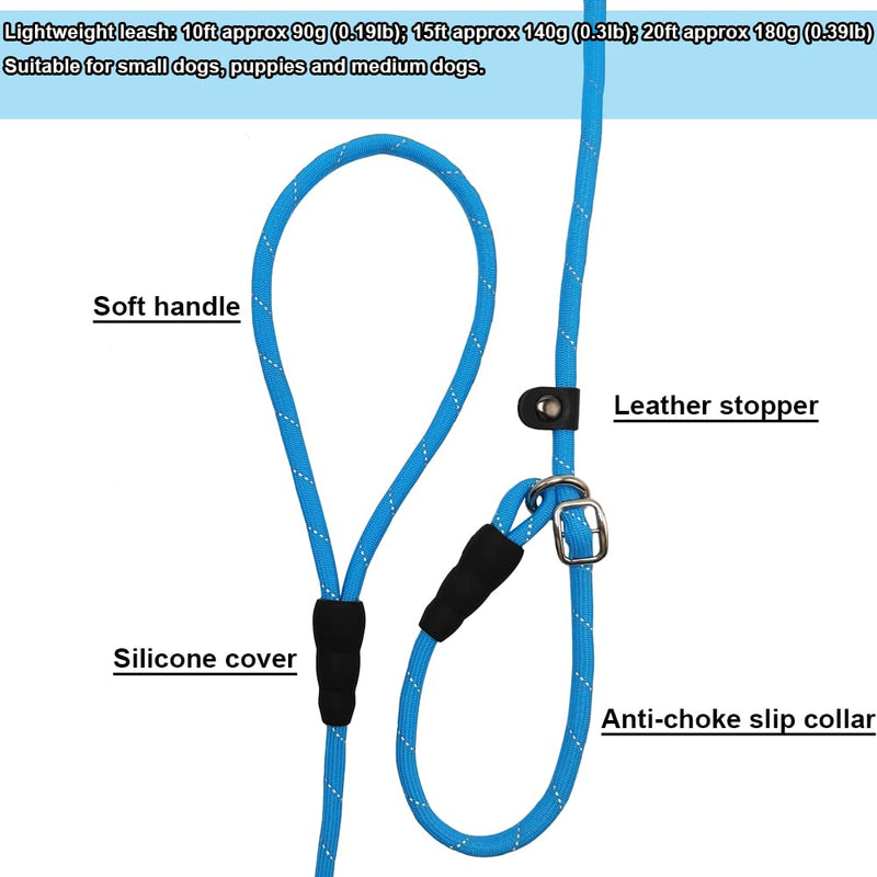 BTINESFUL 10FT / 15FT / 20FT Slip Lead Dog Leash, Reflective 1/3” Rope Leash Long Training Lead for Small Medium Dogs (20ft, Blue) 20ft * 1/3" - PawsPlanet Australia