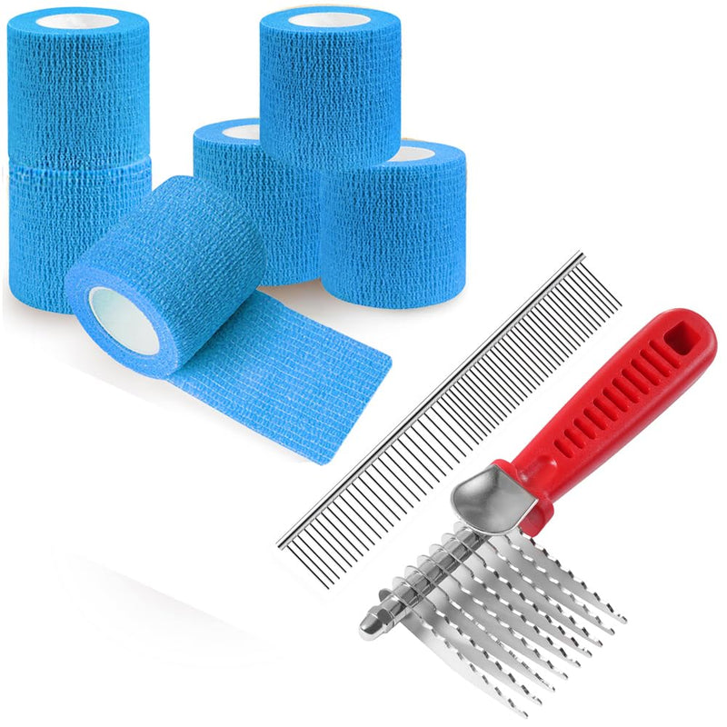 QUMY 6 Pack Blue Self-Adhesive Bandage Wrap 2 Inch x 5 Yards and Dog Comb Set for Dematting Knotted Hair