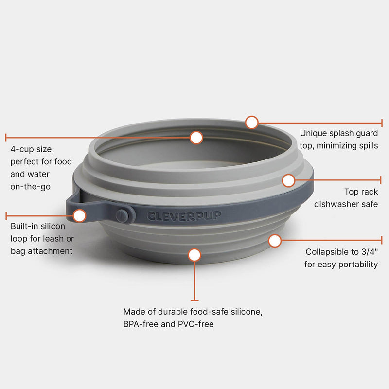 Nomad Collapsible Dog Bowl - Large, 4 Cup Food-Safe Silicone Travel Bowl for Dogs, Portable & Sturdy, Food/Water, Dishwasher Safe - Grey - PawsPlanet Australia
