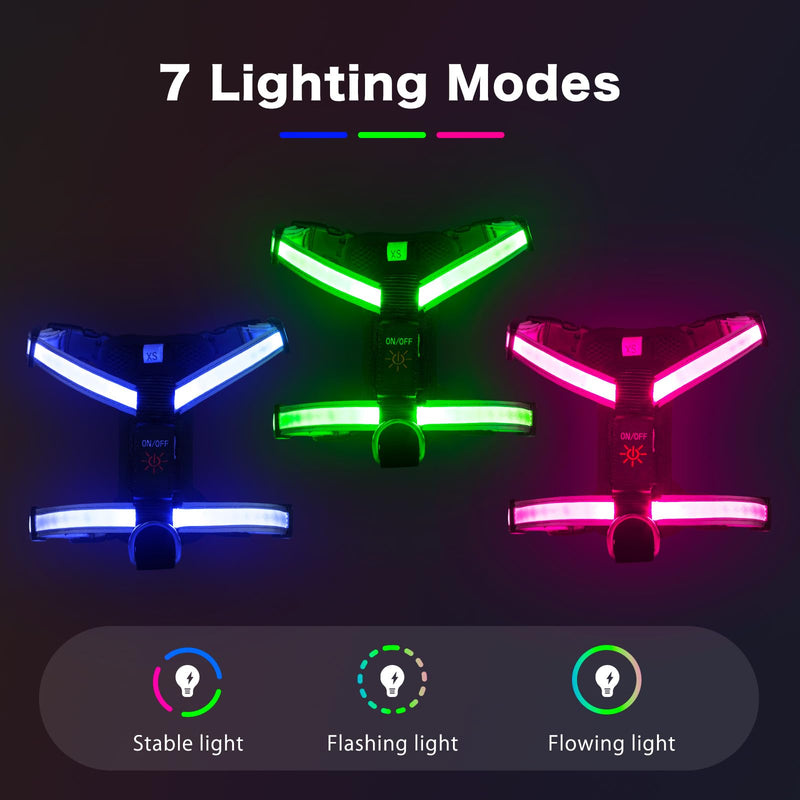 LED Dog Harness with Battery Indicator, USB-C Rechargeable, RGB Light Up Harness (Blue Green Pink), 3 Modes, Adjustable Reflective Puppy Vest for Small Dogs Cats, Night Walking Safety - PawsPlanet Australia
