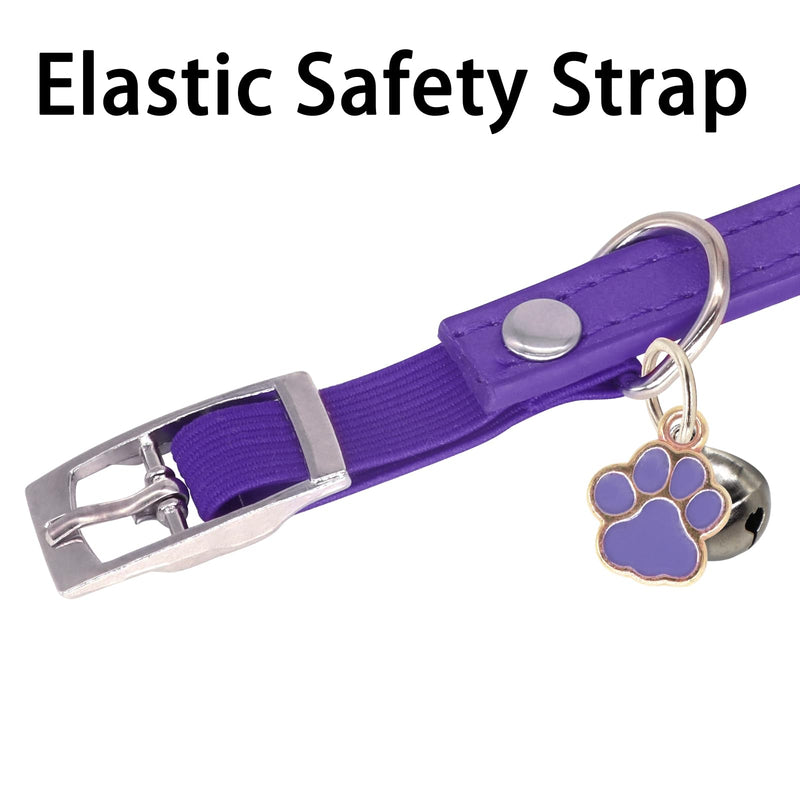 Cat Collar, Soft Leather Cat Collar with Bells, Safe Collars with Cute Paw Charm for Male Female Cats, 8-11”, Purple 8-11”